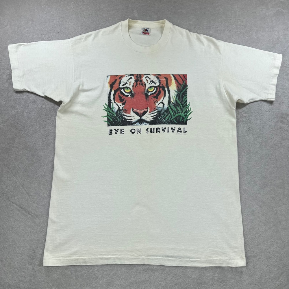 Vintage Eye On Survival Shirt Mens XXL White Human-i-Tees Tiger Graphic 90s